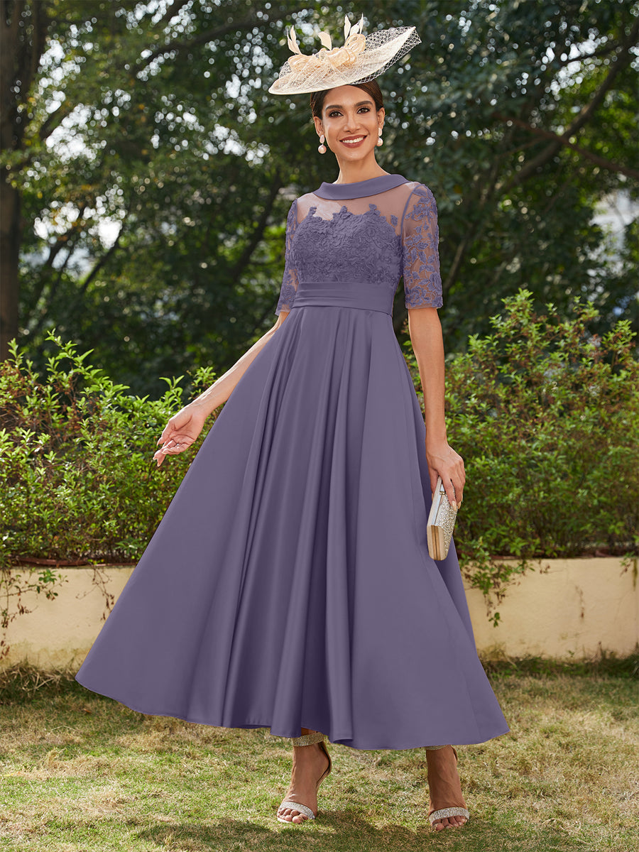 Vestidos Longos de Noite com Mangas Meio Comprimento e Gola Redonda Bordados em Estilo A-Line/Princesa até o Tornozelo