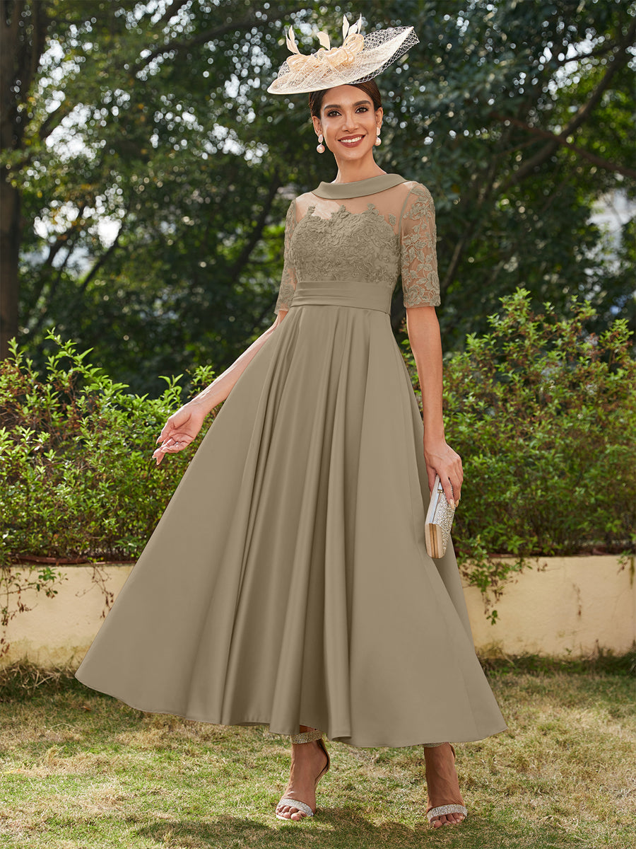 Vestidos Longos de Noite com Mangas Meio Comprimento e Gola Redonda Bordados em Estilo A-Line/Princesa até o Tornozelo