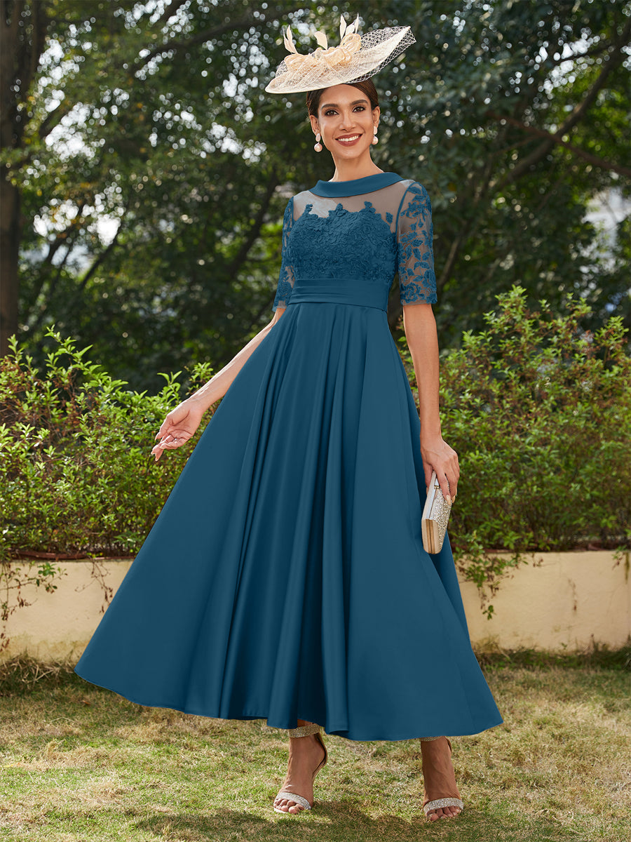 Vestidos Longos de Noite com Mangas Meio Comprimento e Gola Redonda Bordados em Estilo A-Line/Princesa até o Tornozelo