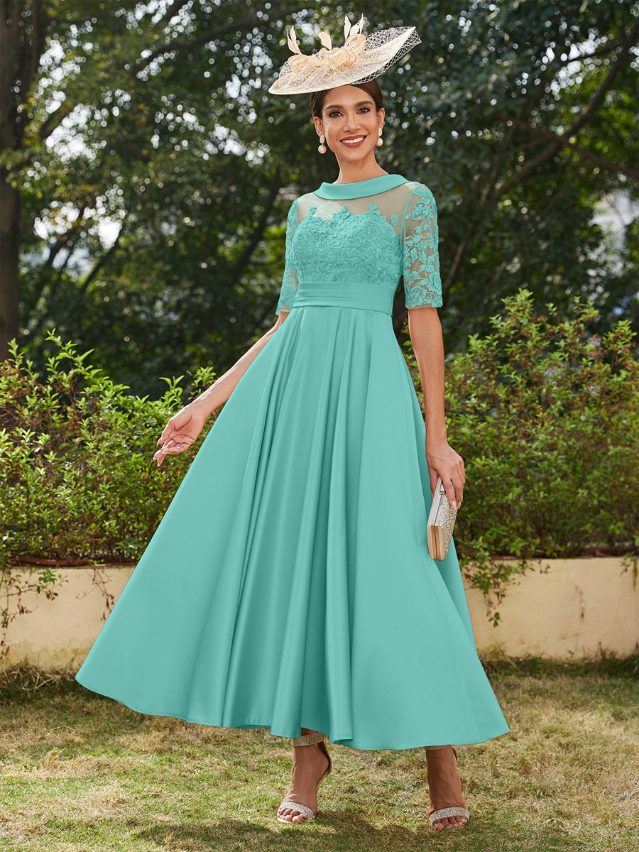 Vestidos Longos de Noite com Mangas Meio Comprimento e Gola Redonda Bordados em Estilo A-Line/Princesa até o Tornozelo