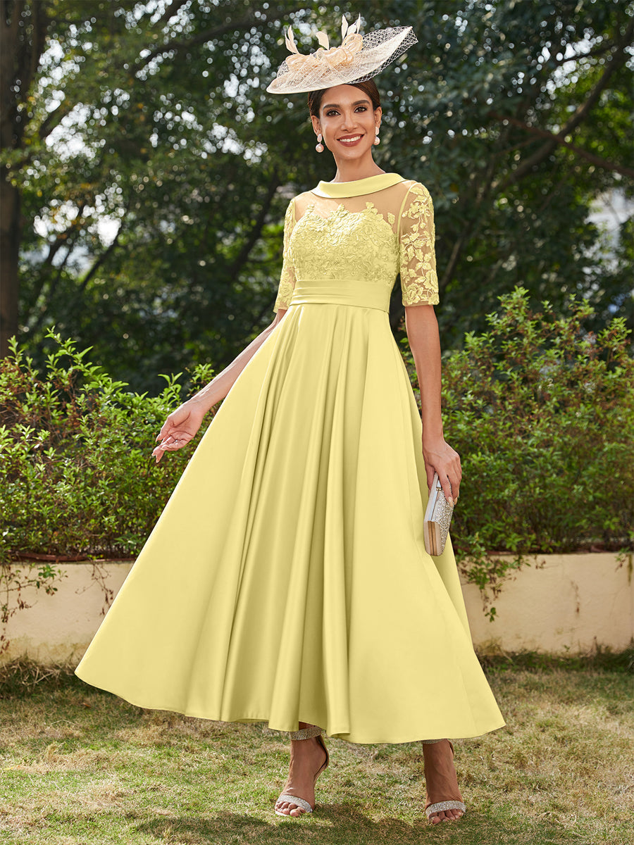 Vestidos Longos de Noite com Mangas Meio Comprimento e Gola Redonda Bordados em Estilo A-Line/Princesa até o Tornozelo