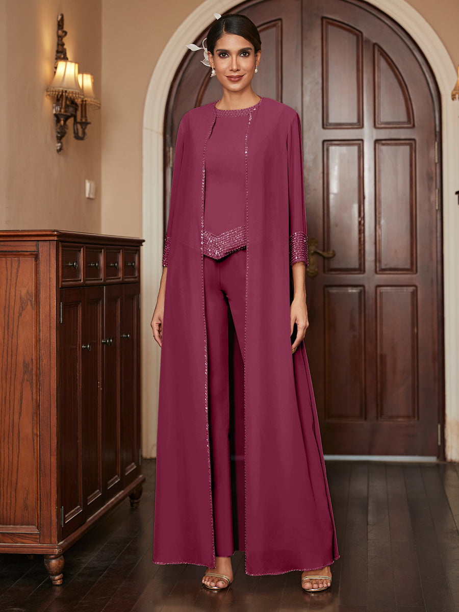 Macacão de Calça 3/4 de Mangas em Chiffon com Detalhes em Lantejoulas e Casaco