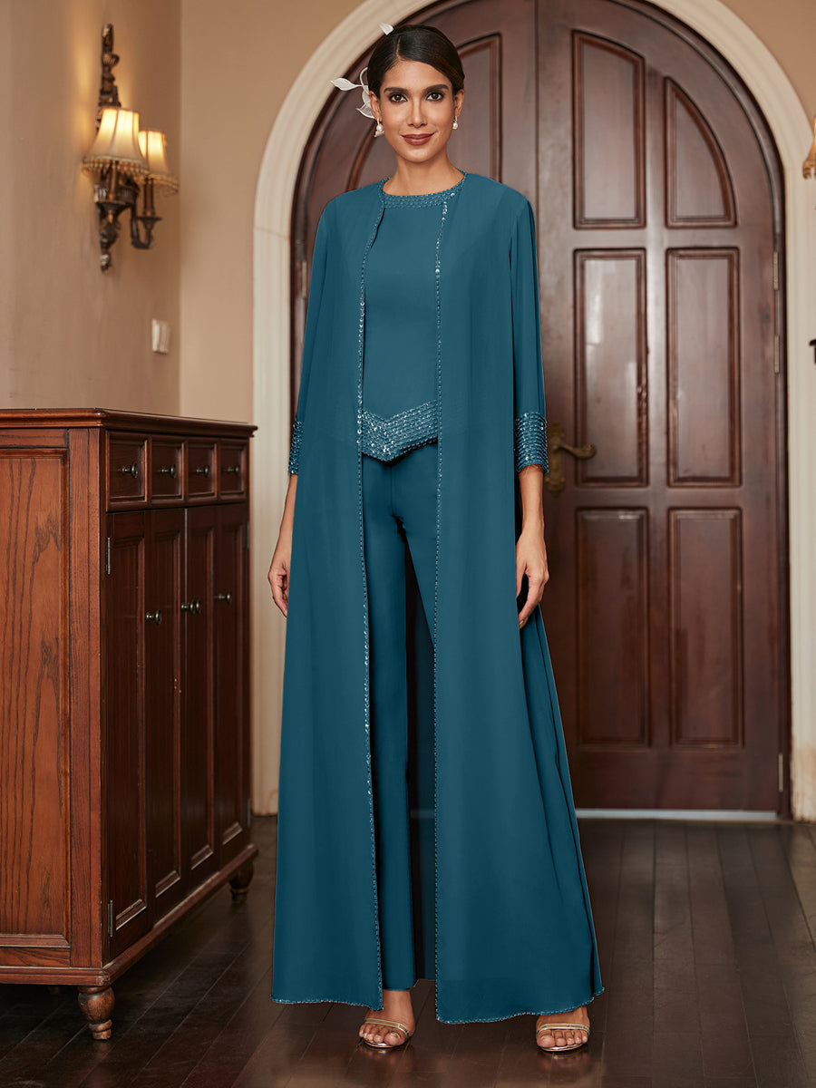 Macacão de Calça 3/4 de Mangas em Chiffon com Detalhes em Lantejoulas e Casaco