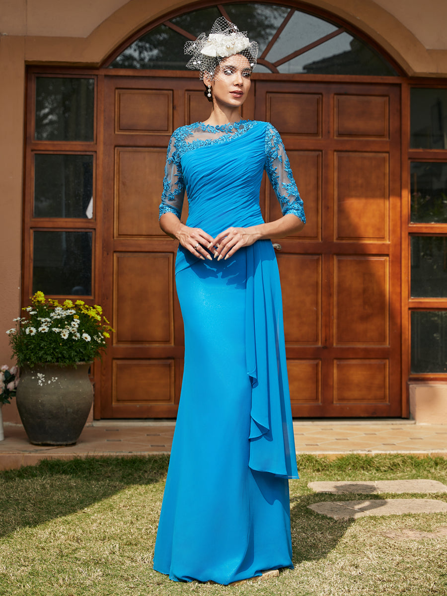 Vestidos Longos de Noite com Mangas Meio Comprimento e Gola Redonda Bordados em Estilo Sereia/Coluna