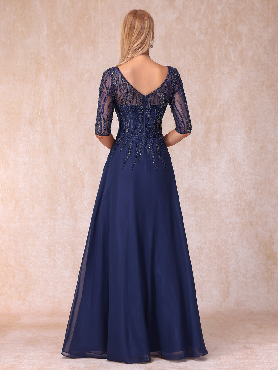 Vestidos de Noite Formais Longos com Decote Em V Meia Manga Linha A/Princesa com Miçangas