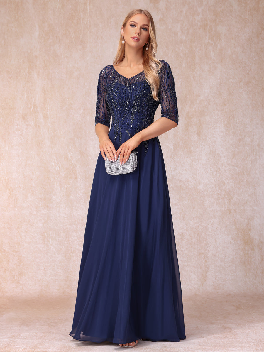 Vestidos de Noite Formais Longos com Decote Em V Meia Manga Linha A/Princesa com Miçangas