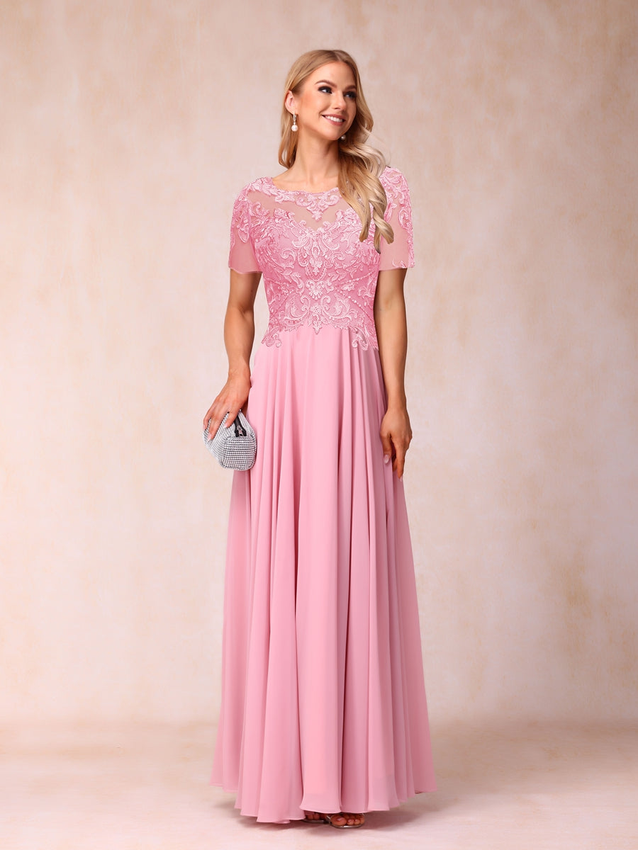 A-Line/Princesa Sheer Neck Mangas Curtas Longos Vestidos de Noite Formais com Lantejoulas e Apliques