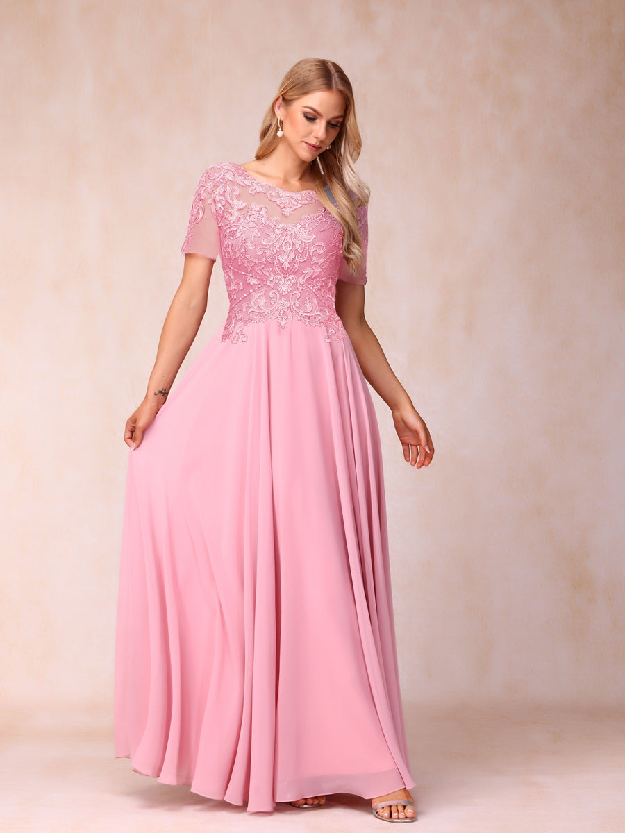 A-Line/Princesa Sheer Neck Mangas Curtas Longos Vestidos de Noite Formais com Lantejoulas e Apliques