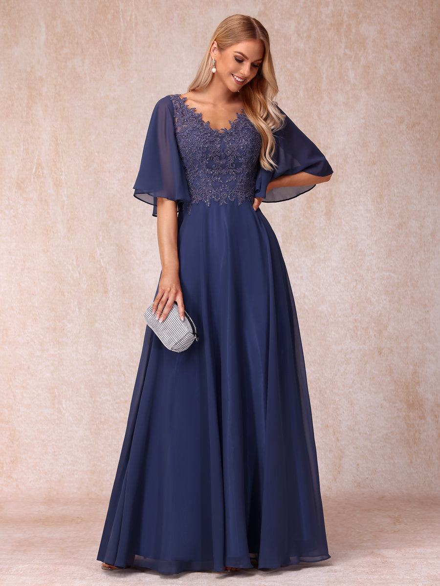 Vestidos de Noite Longos Formais/Princesa com Decote Em V Meia Manga Longos e Formais com Miçangas e Apliques