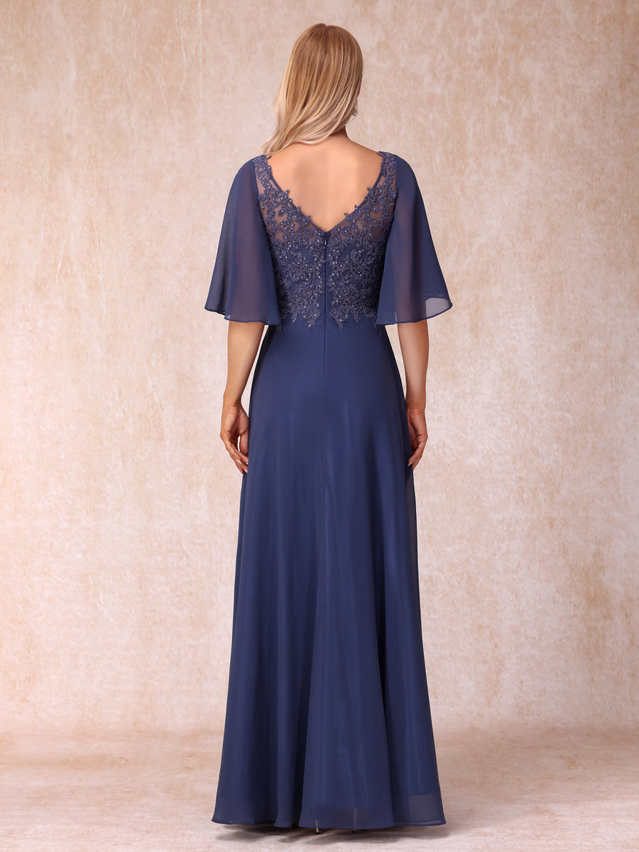 Vestidos de Noite Longos Formais/Princesa com Decote Em V Meia Manga Longos e Formais com Miçangas e Apliques