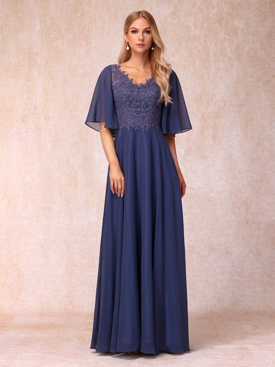 Vestidos de Noite Longos Formais/Princesa com Decote Em V Meia Manga Longos e Formais com Miçangas e Apliques