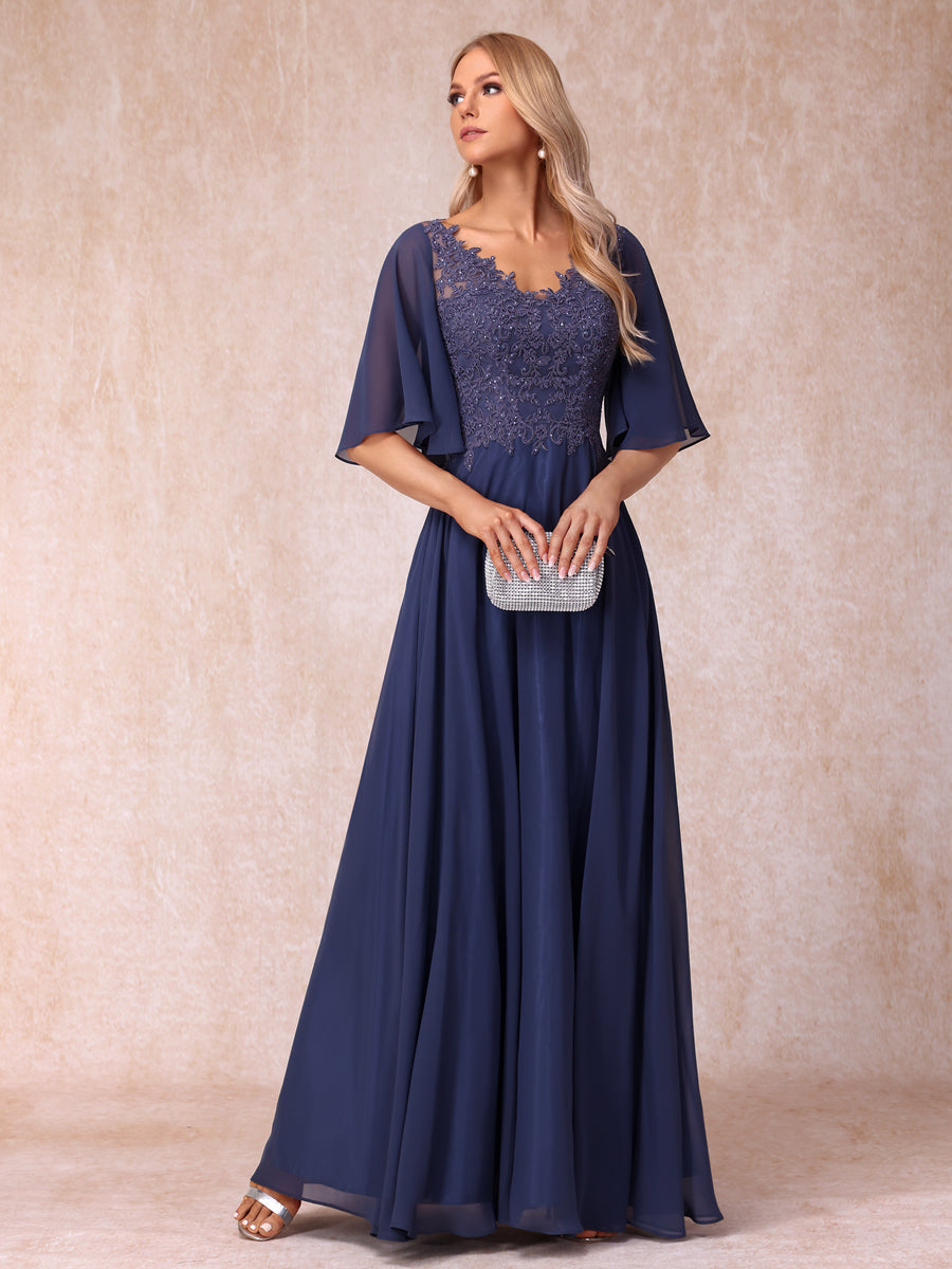 Vestidos de Noite Longos Formais/Princesa com Decote Em V Meia Manga Longos e Formais com Miçangas e Apliques