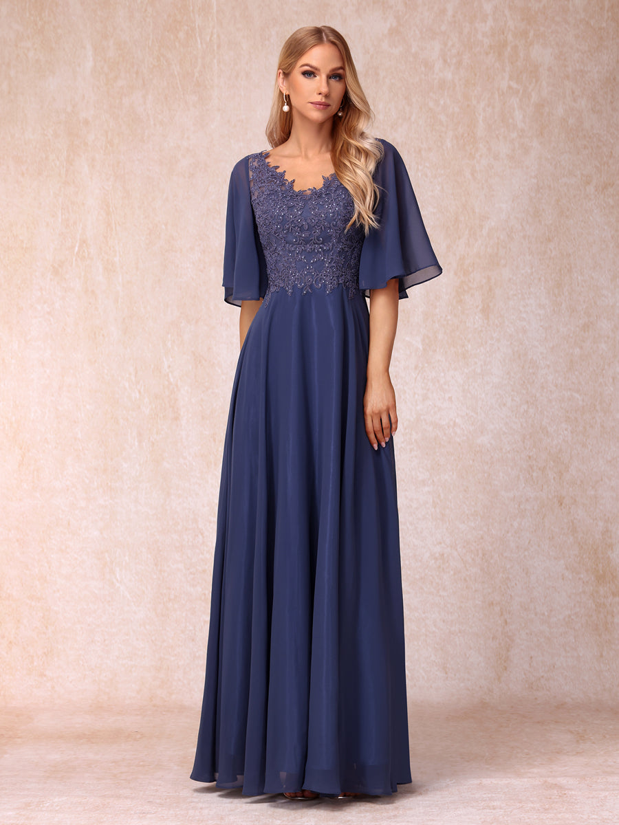 Vestidos de Noite Longos Formais/Princesa com Decote Em V Meia Manga Longos e Formais com Miçangas e Apliques