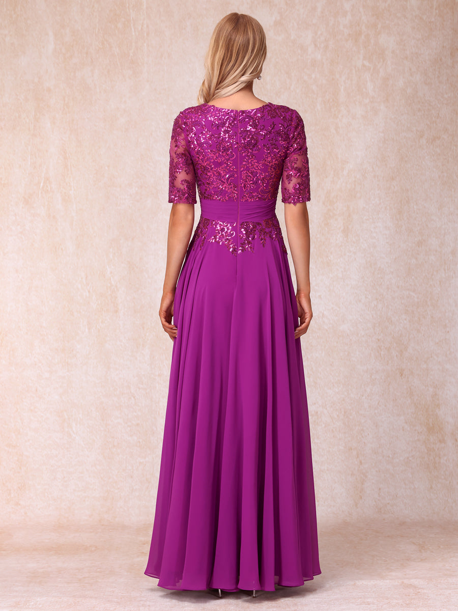 Vestidos de Noite Longos Formais/Princesa com Decote Em V Meia Manga e Lantejoulas