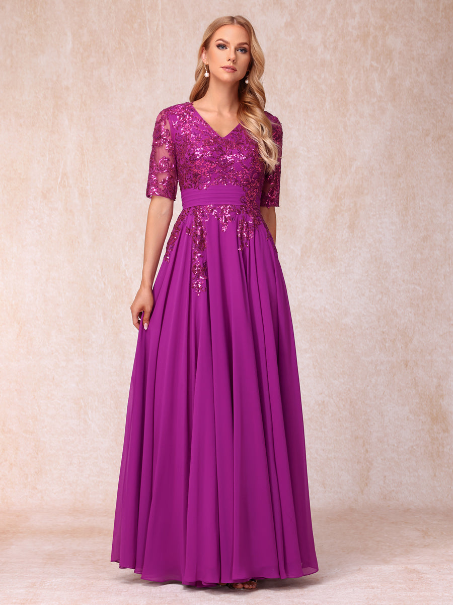Vestidos de Noite Longos Formais/Princesa com Decote Em V Meia Manga e Lantejoulas