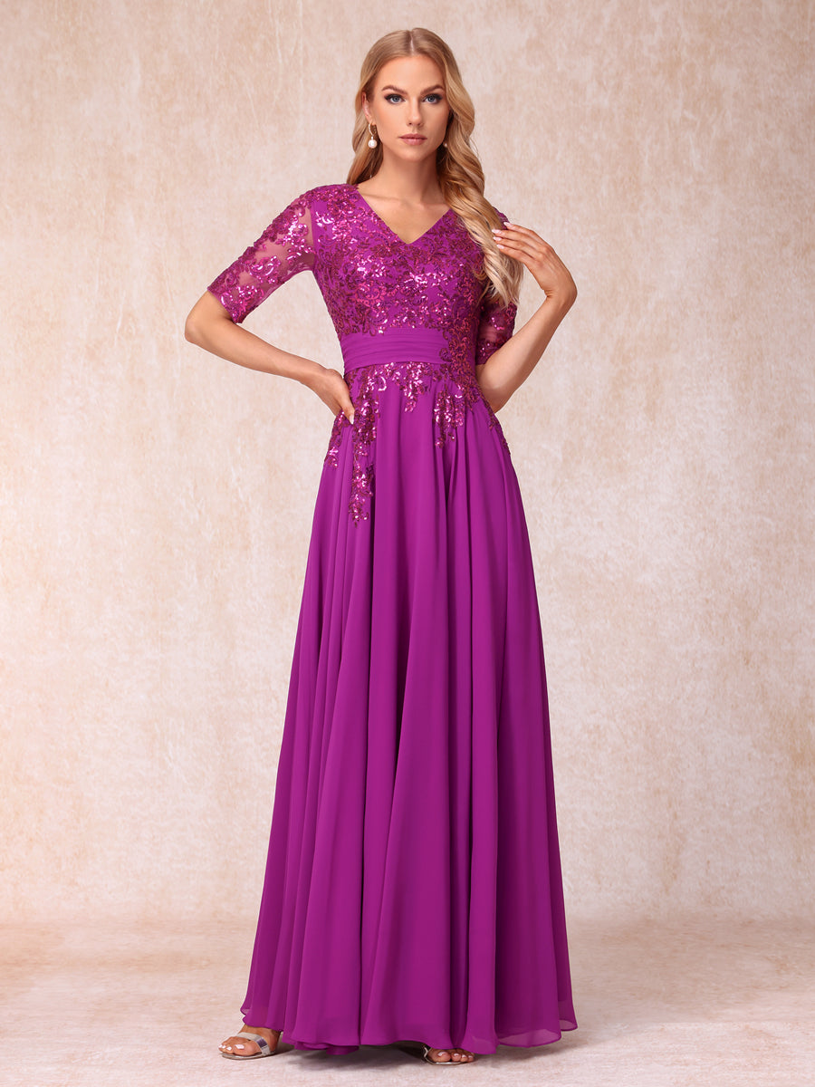 Vestidos de Noite Longos Formais/Princesa com Decote Em V Meia Manga e Lantejoulas