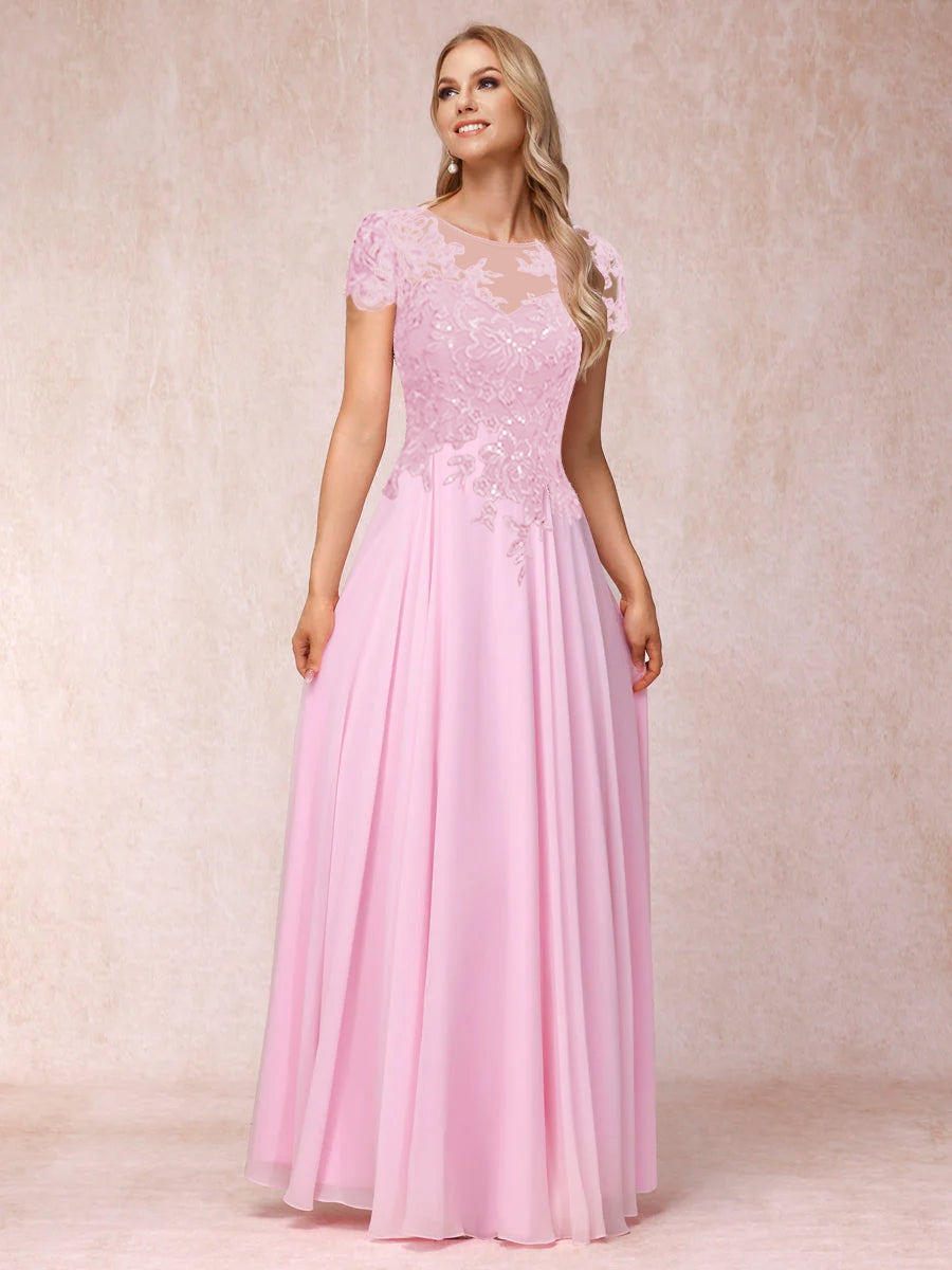 A-Line/Princesa Sheer Neck Mangas Curtas Longos Vestidos de Noite Formais com Apliques