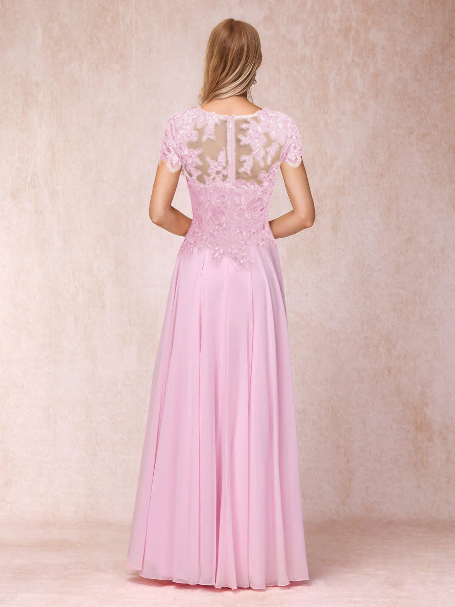 A-Line/Princesa Sheer Neck Mangas Curtas Longos Vestidos de Noite Formais com Apliques