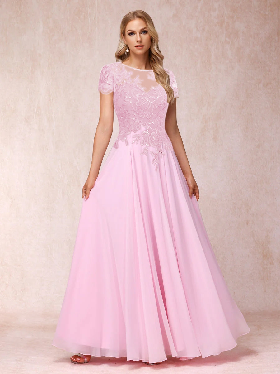 A-Line/Princesa Sheer Neck Mangas Curtas Longos Vestidos de Noite Formais com Apliques