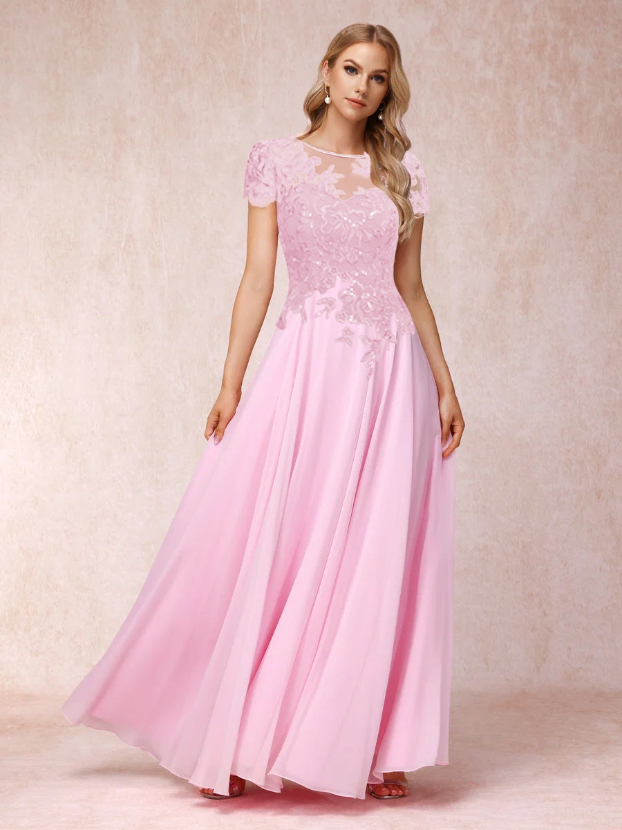 A-Line/Princesa Sheer Neck Mangas Curtas Longos Vestidos de Noite Formais com Apliques