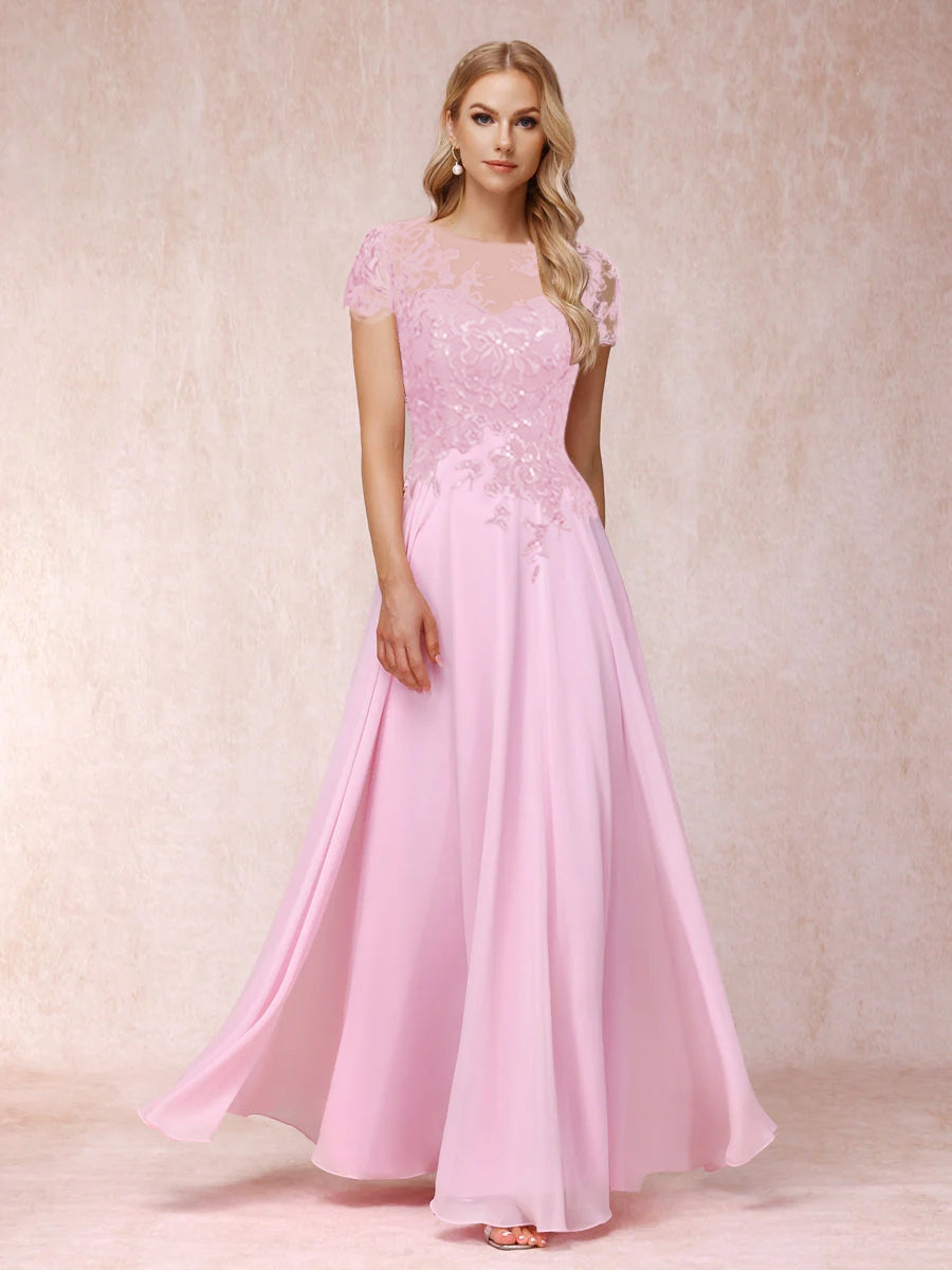 A-Line/Princesa Sheer Neck Mangas Curtas Longos Vestidos de Noite Formais com Apliques