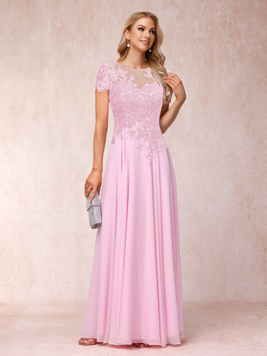A-Line/Princesa Sheer Neck Mangas Curtas Longos Vestidos de Noite Formais com Apliques