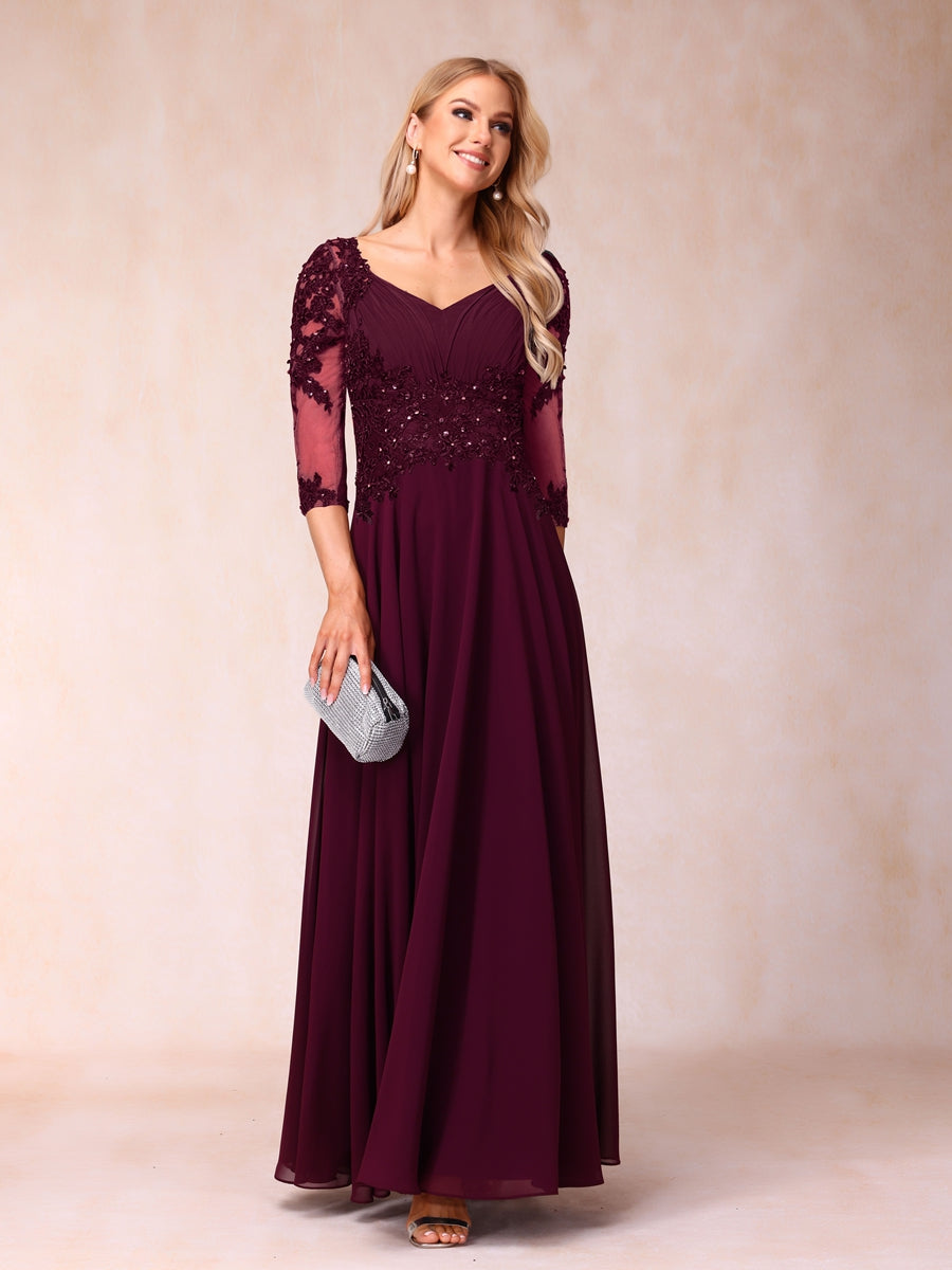Corte A/Princesa Decote Em V Manga 3/4 Vestidos Longos de Noite Formais com Miçangas