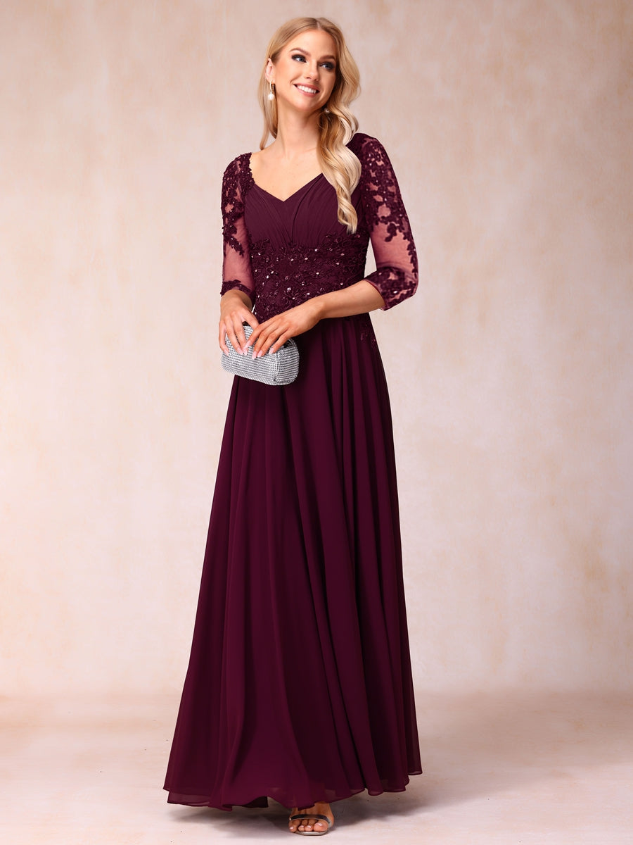Corte A/Princesa Decote Em V Manga 3/4 Vestidos Longos de Noite Formais com Miçangas