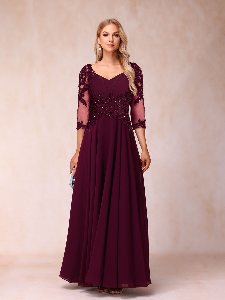 Corte A/Princesa Decote Em V Manga 3/4 Vestidos Longos de Noite Formais com Miçangas