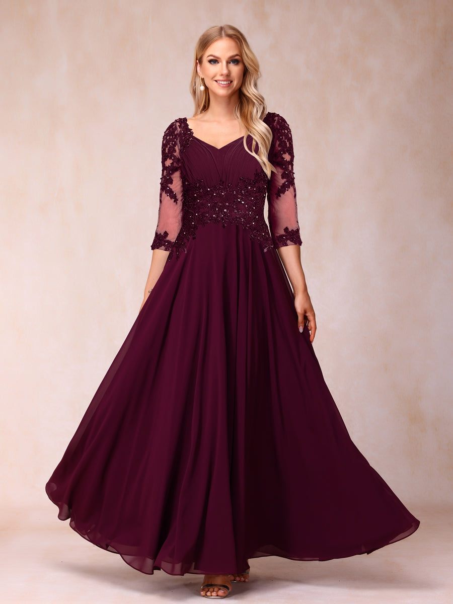 Corte A/Princesa Decote Em V Manga 3/4 Vestidos Longos de Noite Formais com Miçangas
