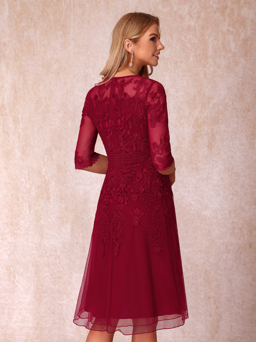 A-Line/Princesa Sheer Neck Meia Manga Curto Vestidos de Noite Formais com Apliques