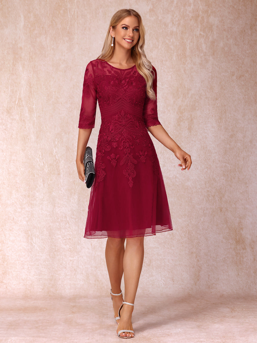 A-Line/Princesa Sheer Neck Meia Manga Curto Vestidos de Noite Formais com Apliques