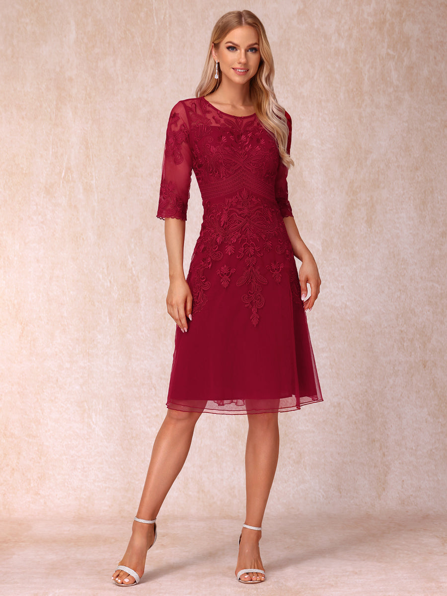 A-Line/Princesa Sheer Neck Meia Manga Curto Vestidos de Noite Formais com Apliques