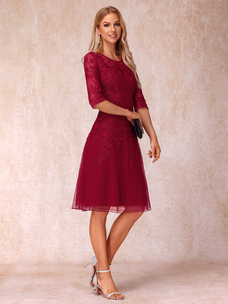 A-Line/Princesa Sheer Neck Meia Manga Curto Vestidos de Noite Formais com Apliques