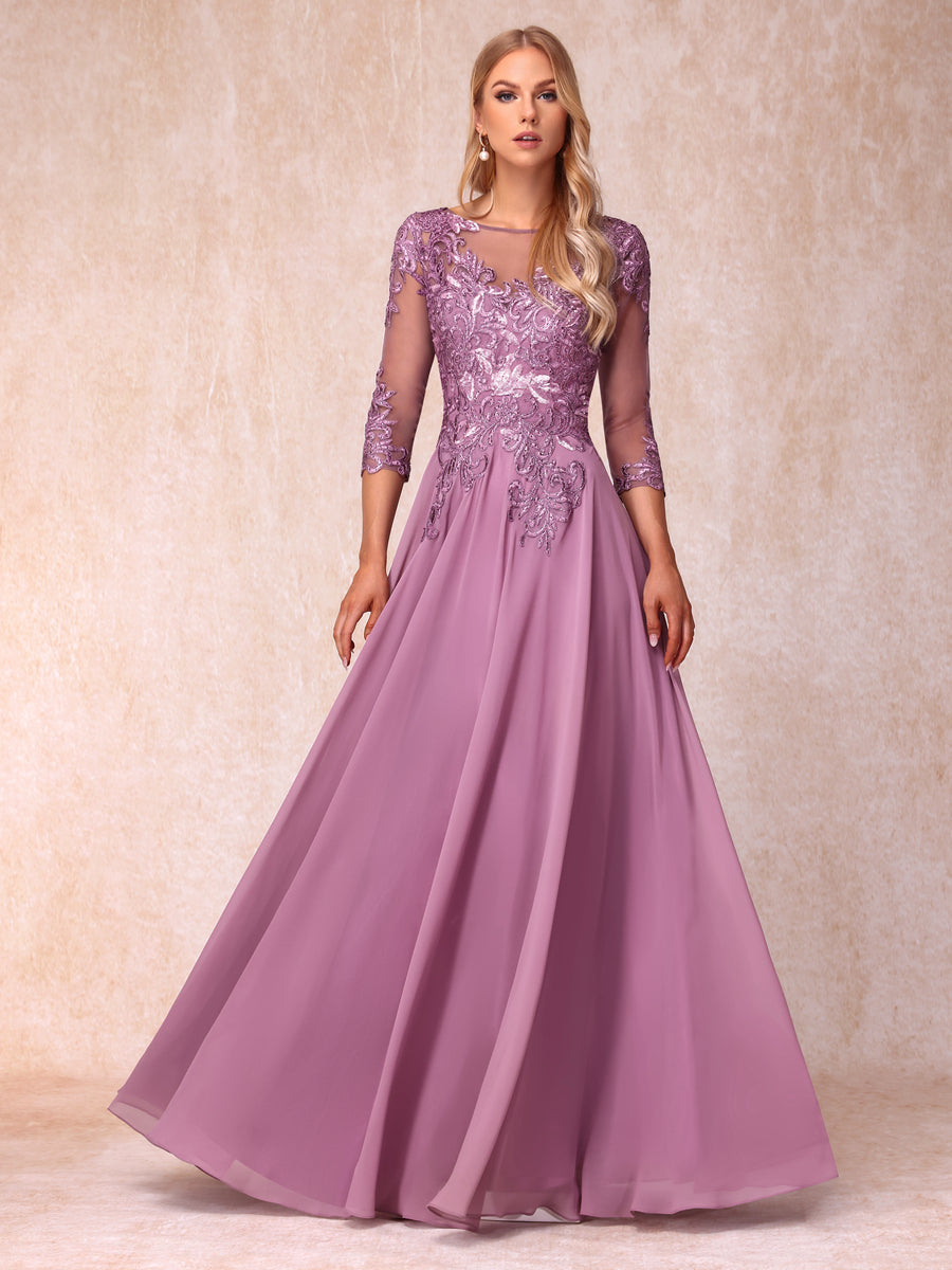 A-Line/Princesa Sheer Neck Mangas 3/4 Longos Vestidos de Noite Formais com Lantejoulas e Apliques