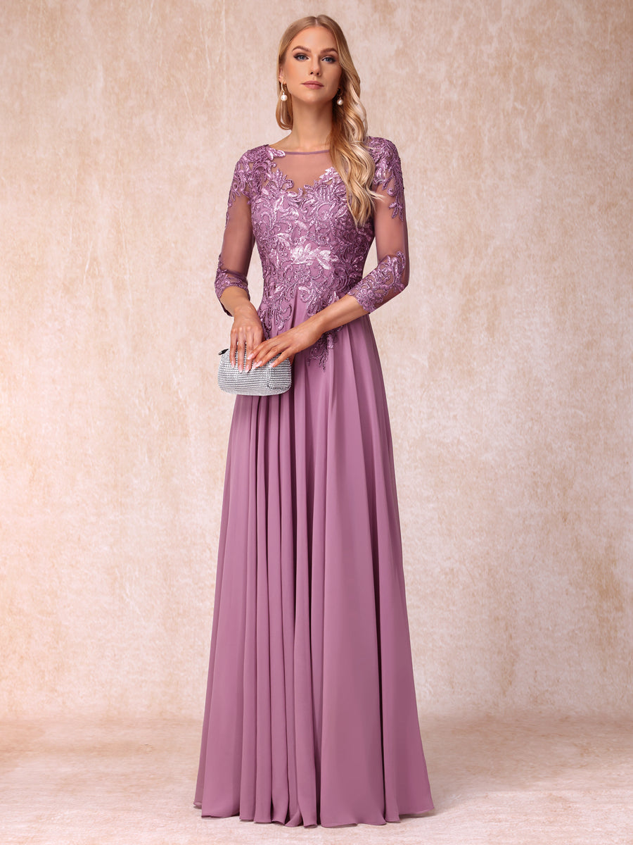 A-Line/Princesa Sheer Neck Mangas 3/4 Longos Vestidos de Noite Formais com Lantejoulas e Apliques