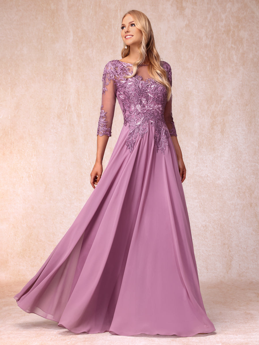 A-Line/Princesa Sheer Neck Mangas 3/4 Longos Vestidos de Noite Formais com Lantejoulas e Apliques