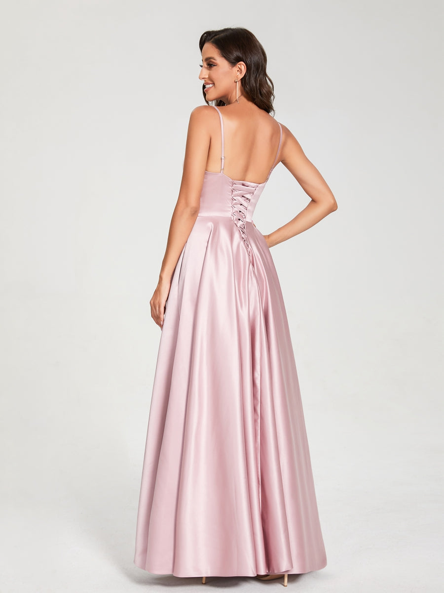 Princesa/Formato A Decote Em V Sem Mangas Até Ao Chão com Bolsos Vestidos de Dama de Honra