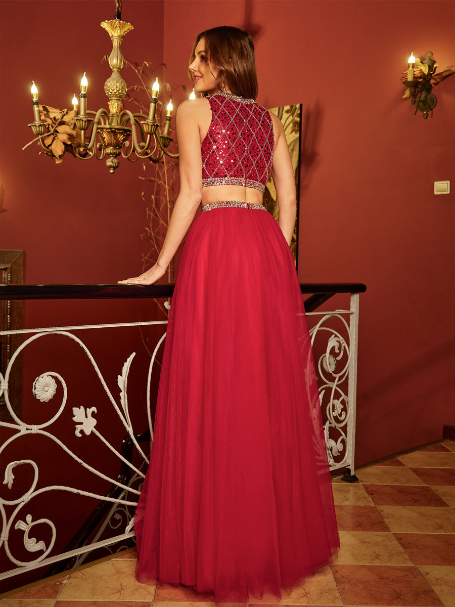 Princesa/Formato A Decote Em V Sem Mangas Tule Lantejoulas Longa Vestidos de Baile