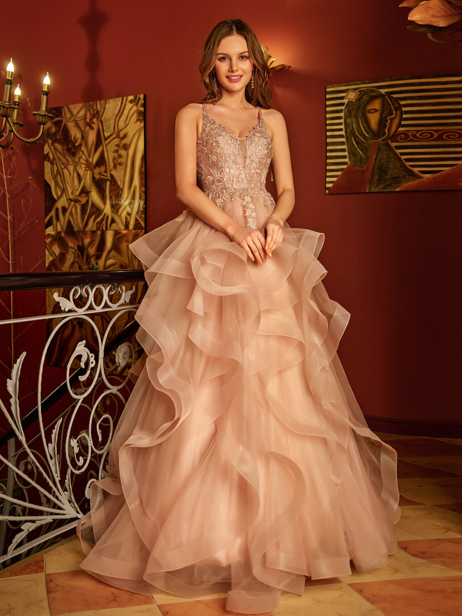 Corte A/Princesa Decote Em V Apliques de Lantejoulas Longos Vestidos de Baile