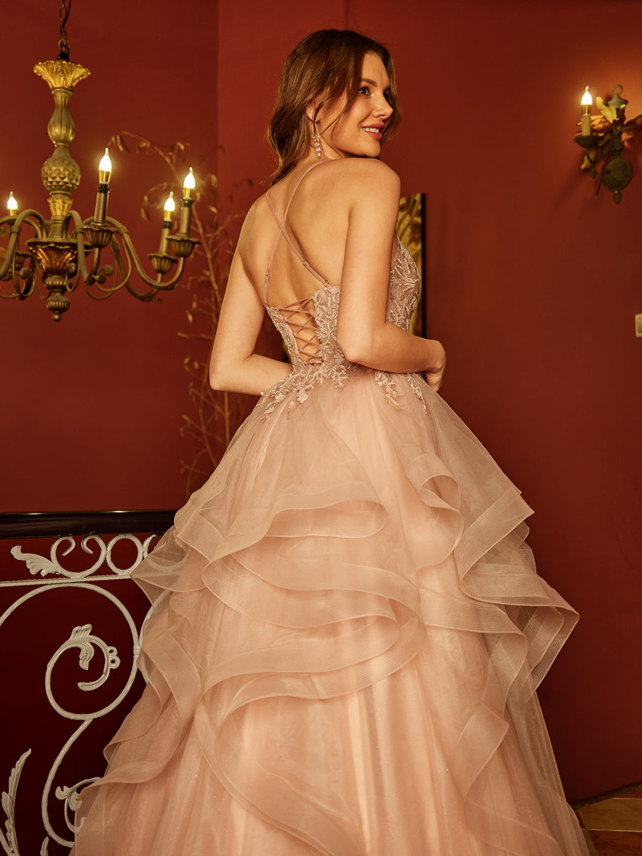 Corte A/Princesa Decote Em V Apliques de Lantejoulas Longos Vestidos de Baile