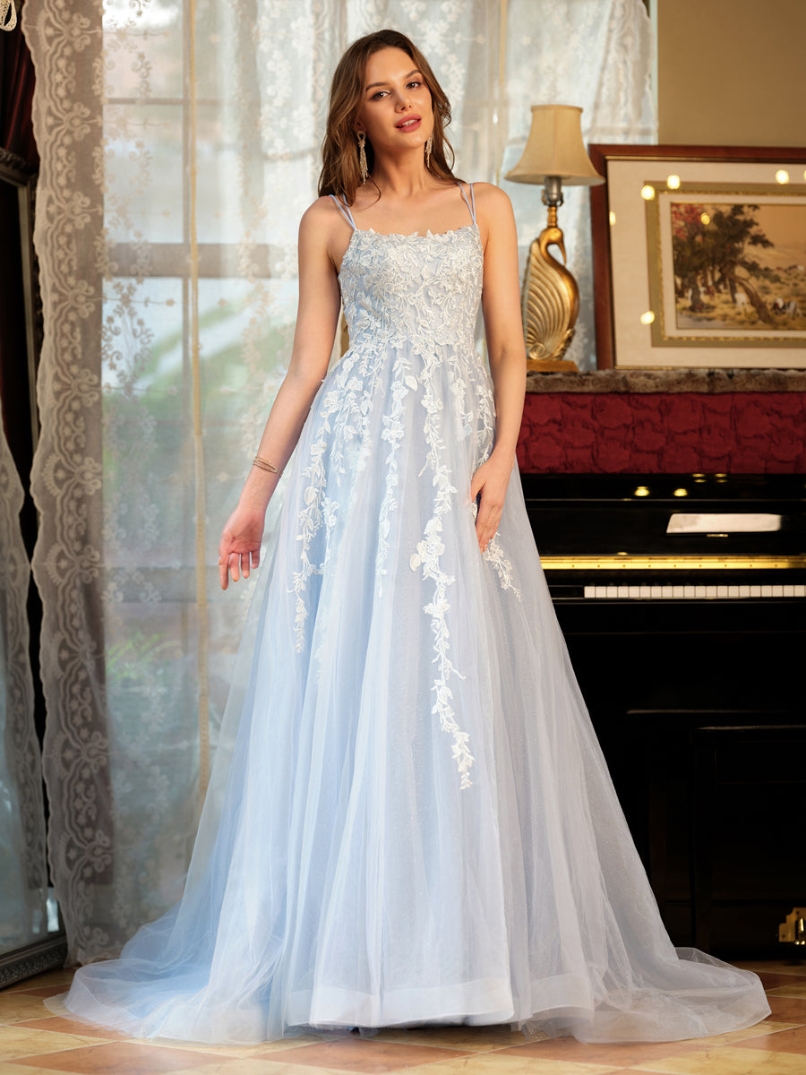 Corte A/Princesa Tule Alcinhas Apliques Longos Vestidos de Baile