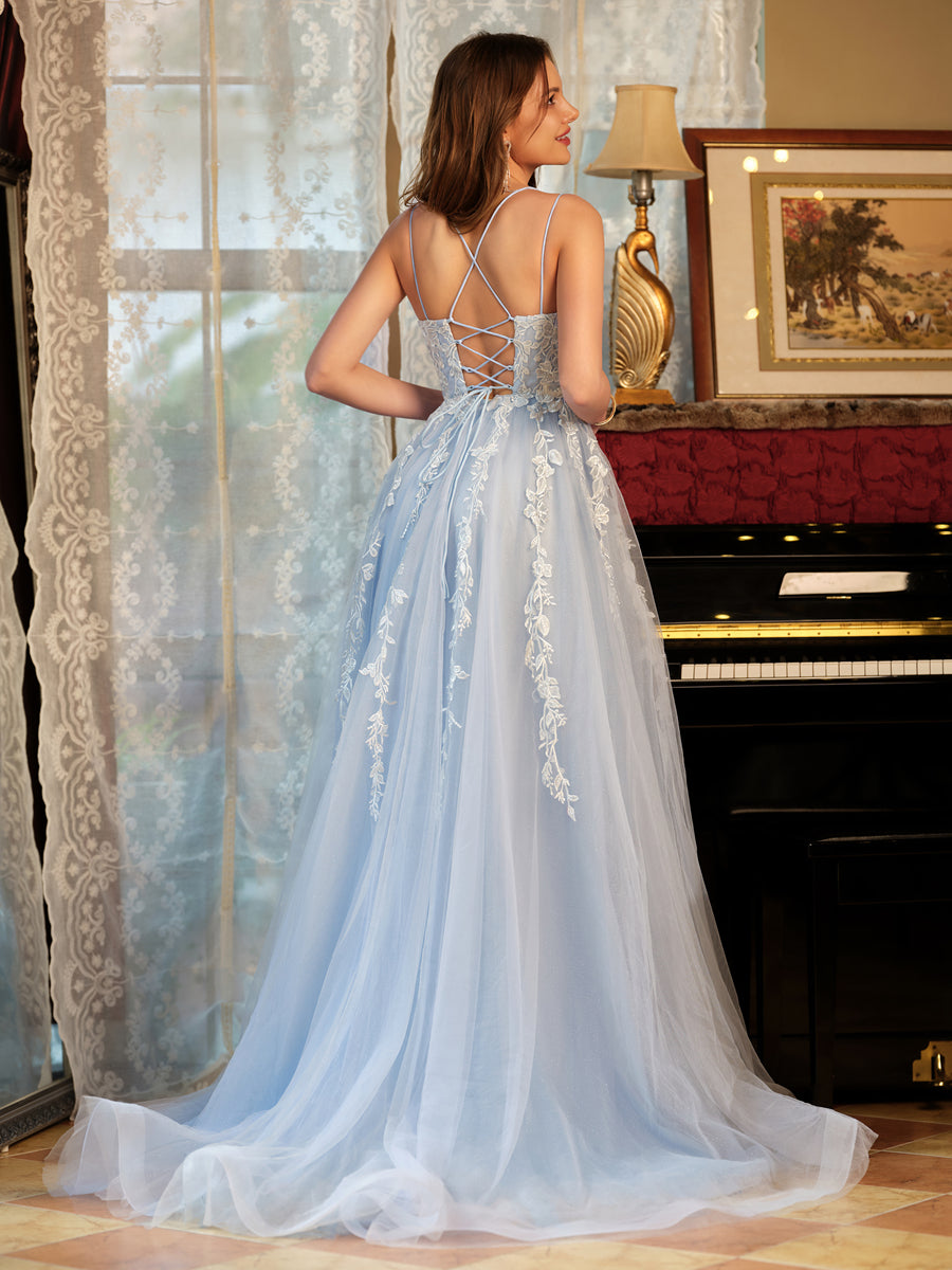 Corte A/Princesa Tule Alcinhas Apliques Longos Vestidos de Baile