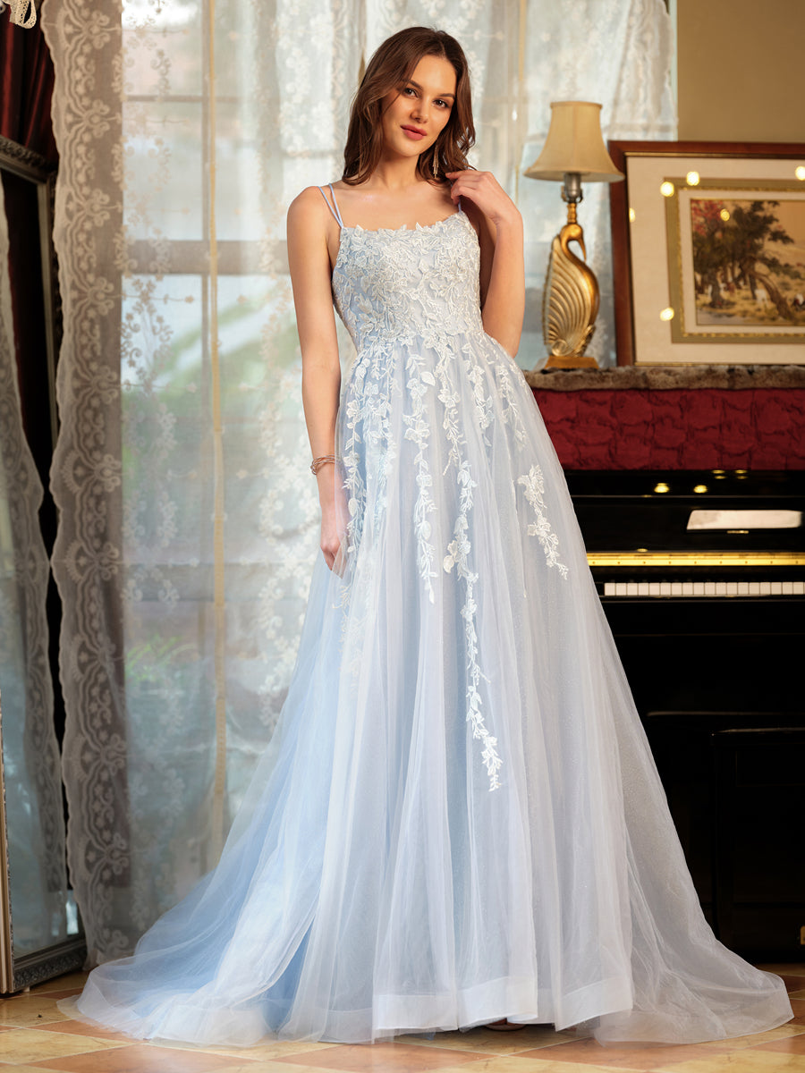 Corte A/Princesa Tule Alcinhas Apliques Longos Vestidos de Baile