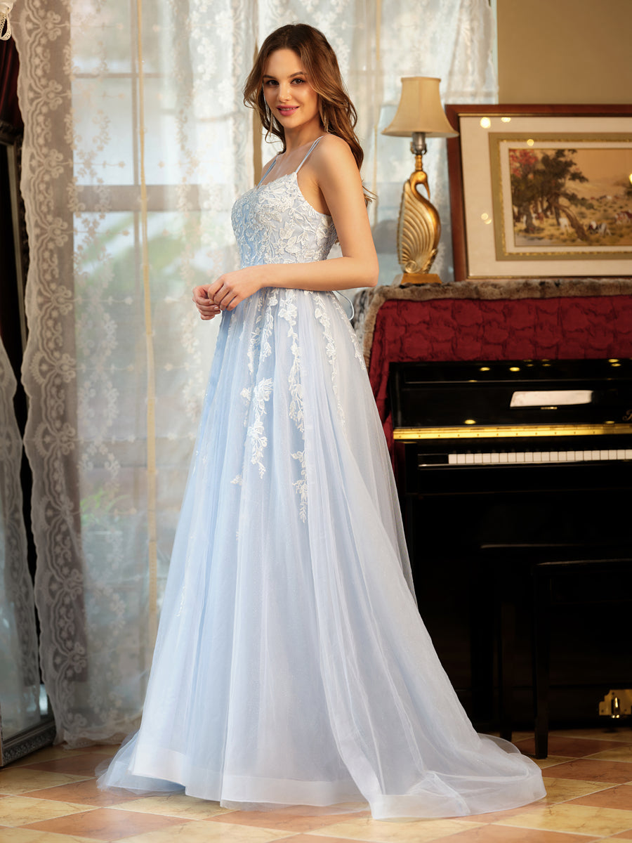 Corte A/Princesa Tule Alcinhas Apliques Longos Vestidos de Baile