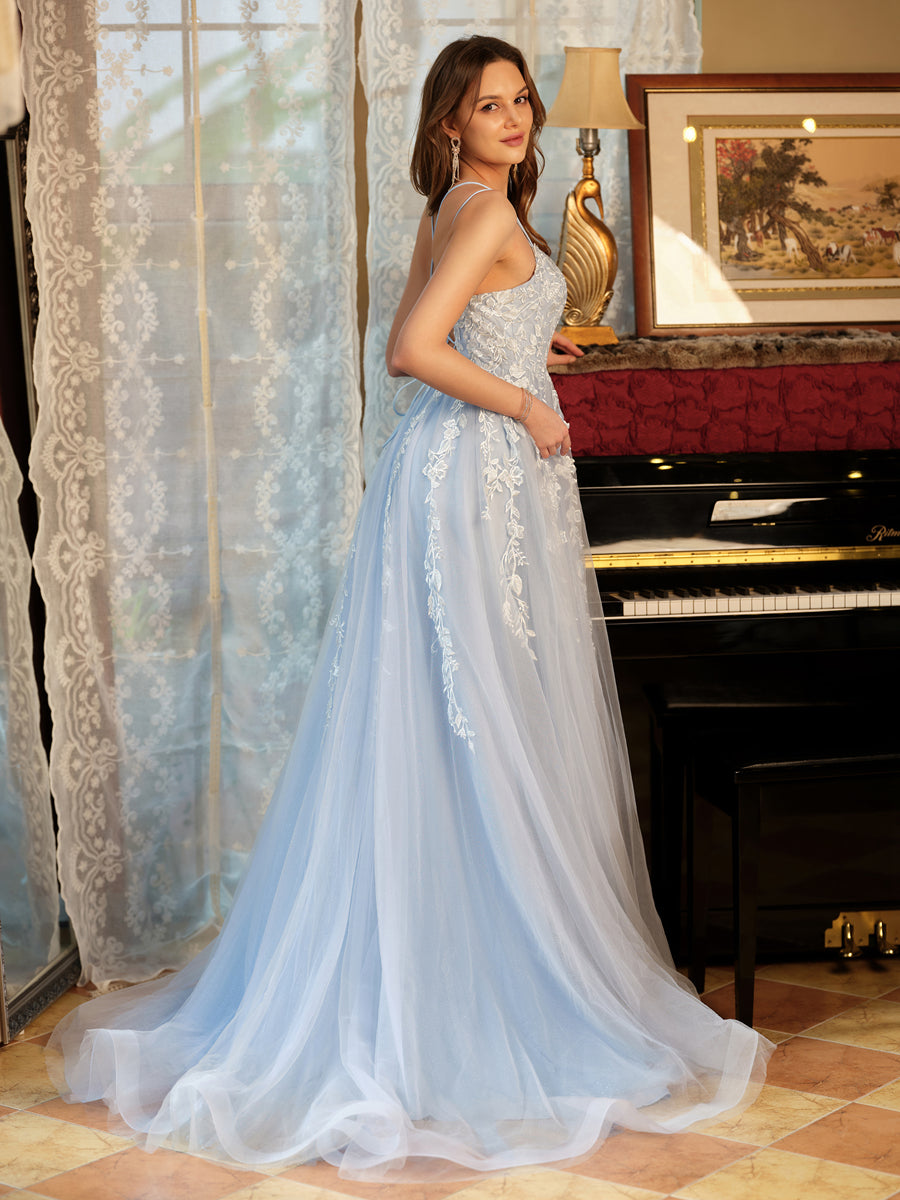 Corte A/Princesa Tule Alcinhas Apliques Longos Vestidos de Baile