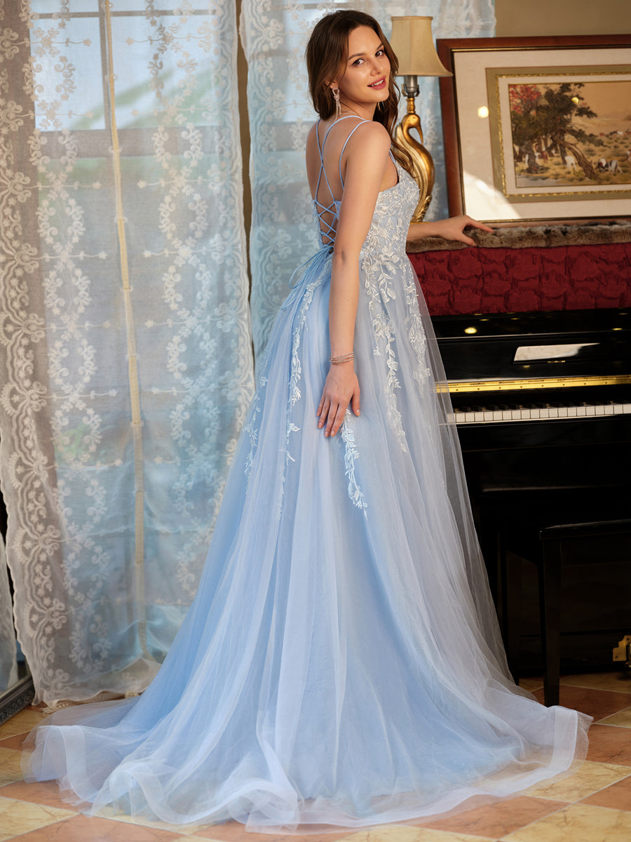 Corte A/Princesa Tule Alcinhas Apliques Longos Vestidos de Baile