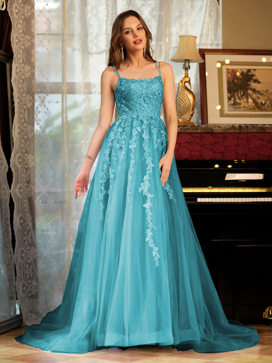 Corte A/Princesa Tule Alcinhas Apliques Longos Vestidos de Baile
