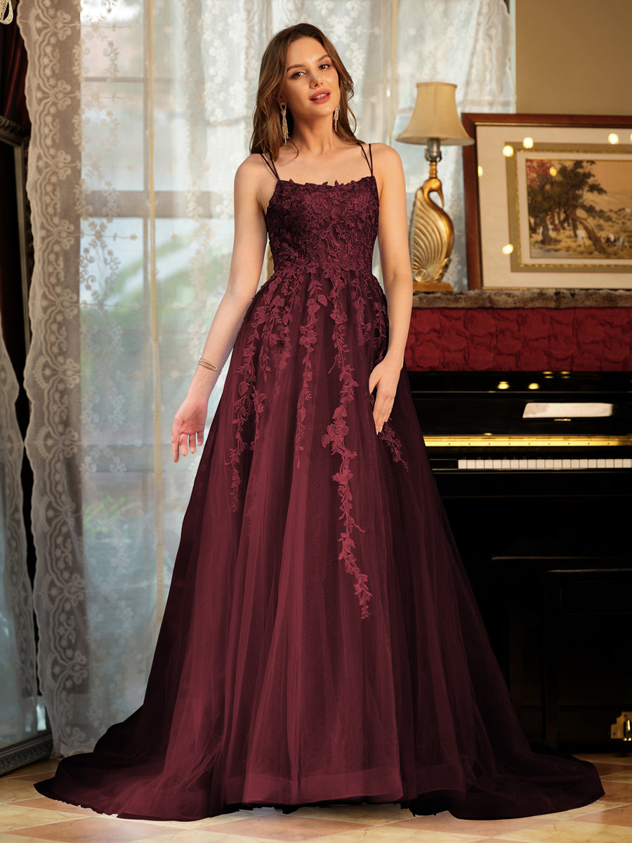 Corte A/Princesa Tule Alcinhas Apliques Longos Vestidos de Baile