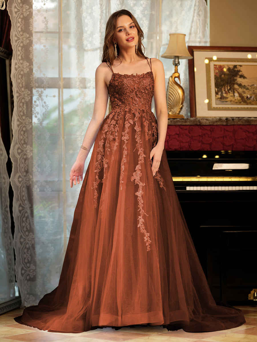Corte A/Princesa Tule Alcinhas Apliques Longos Vestidos de Baile